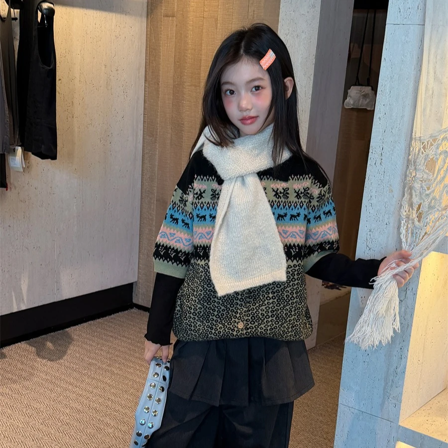 Girls Sweater 2026 Spring and Autumn New Children's Clothing Korean Style Baby Girl Leisure Fair Island Deer Jacquard Sweater