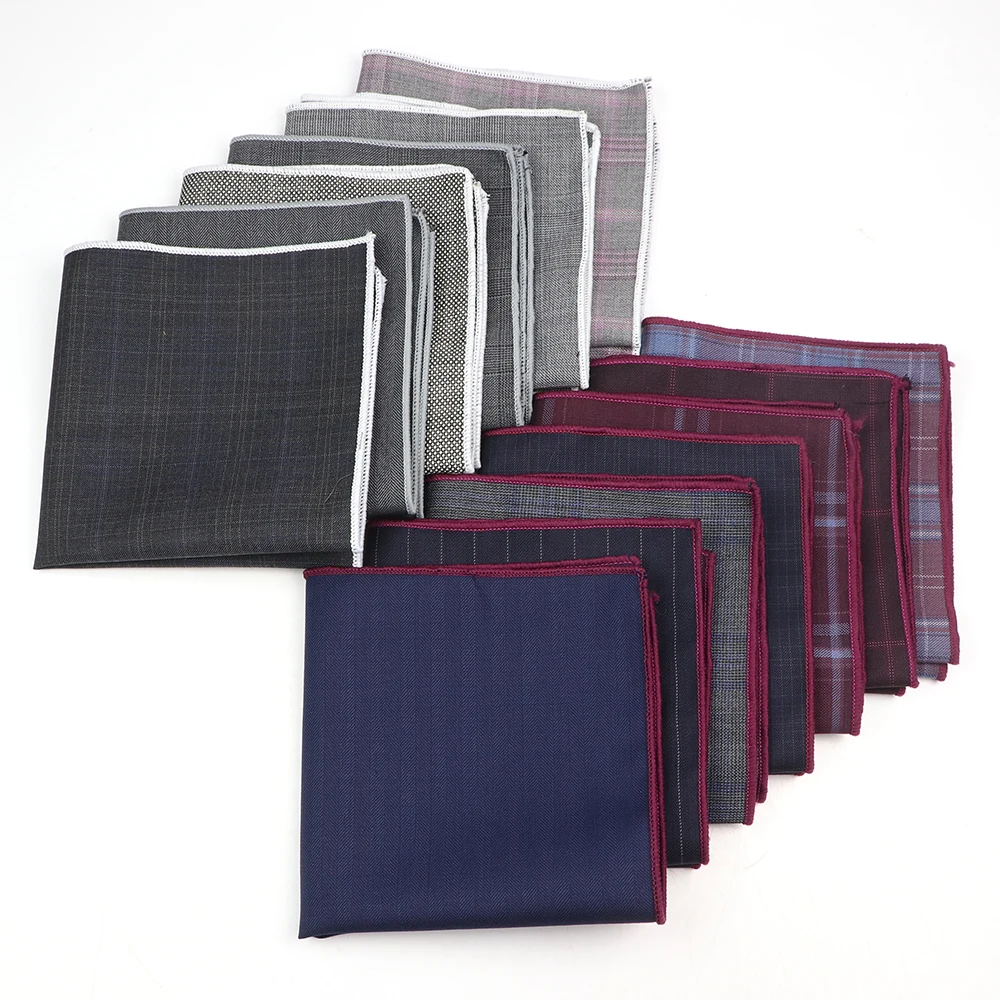 Abito scozzese a righe in lana quadrata Hanky Grey borgogna Square Hanky Cravat per accessorio per colletto della camicia della festa nuziale d'affari