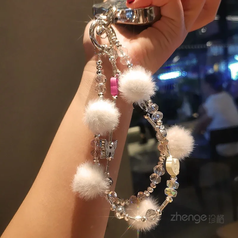 Diamond Embellished Pendant Mobile Phone Lanyard Short Ball Beaded Bracelet Women's Clip Style Phone Case Universal Lanyard Key