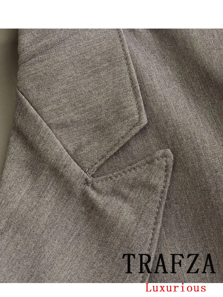 TRAFZA Vintage Office Lady Gray Solid Women Suit V Neck Double Breasted Blazer Straight Loose Pants Fashion 2024 Spring Sets