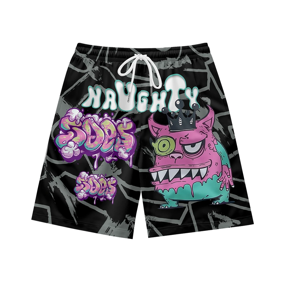 Monster graffiti pattern suitable for daily wear, simple temperament, casual trend, summer men's drawstring beach sports shorts