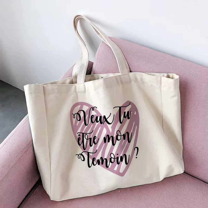 Do You Want To Be My Witness French Print Tote Bag Female Canvas Shoulder Bag Girl Shopping Zipper Bags Wedding Gift for Witness