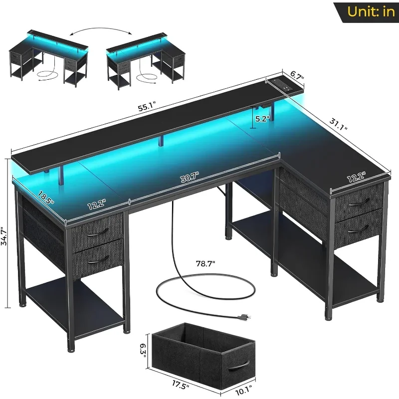 Seventable L Shaped Desk Computador, Gaming Desk com gavetas, mesa de escritório reversível com Power Outlets e luzes LED, 55,1\