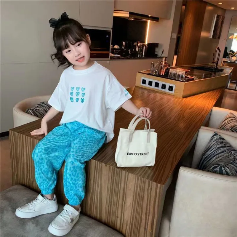 Fashion Girls Clothes Summer T-Shirt & Full-print Pants 2 Pieces Set Teenage Girl Sweet Outfit Children Dopamine Wear Tracksuit