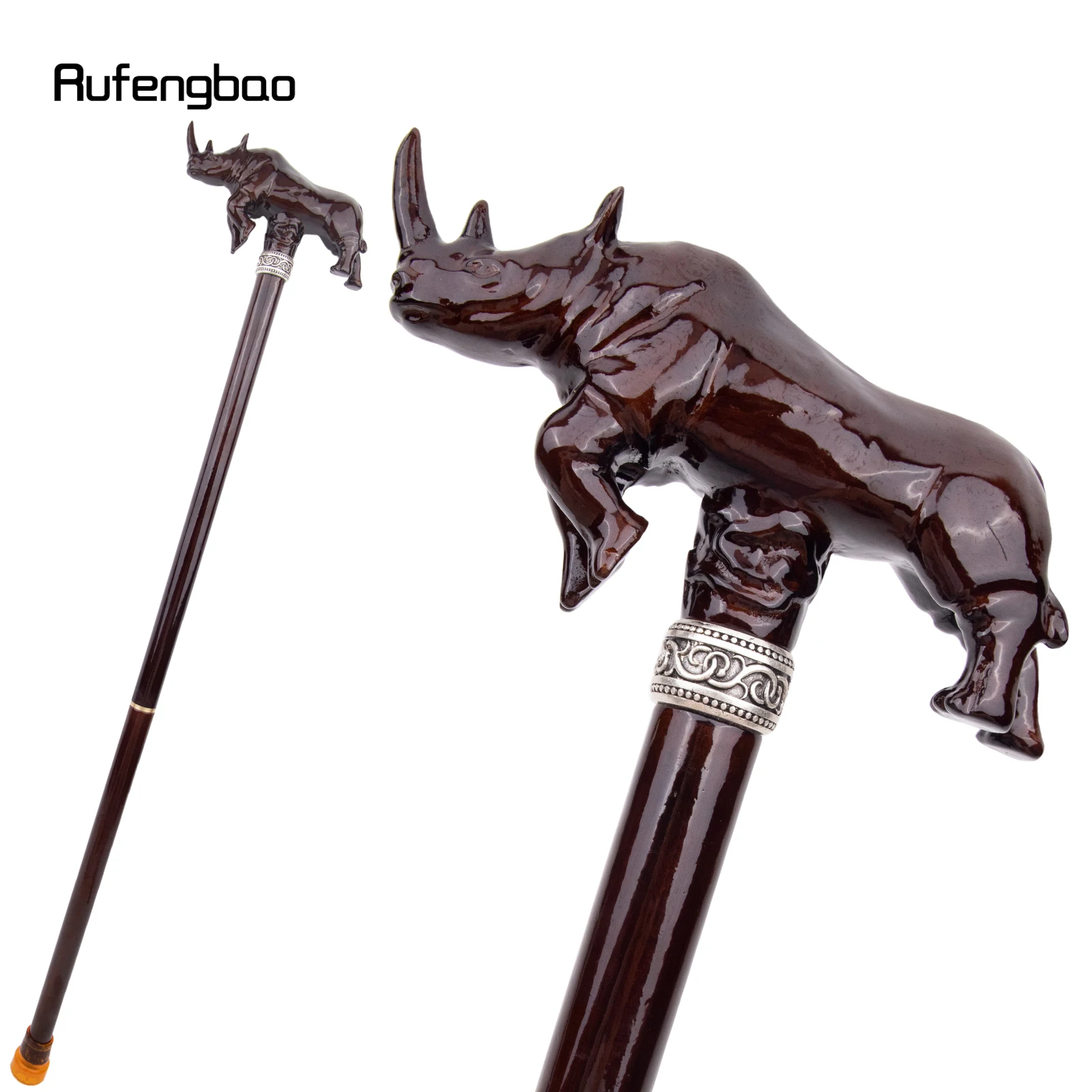 Brown Rhino Rhinoceros Wooden Double Joint Fashion Walking Stick Decorative Cospaly Cane Halloween Crutch Wand Crosier 93cm