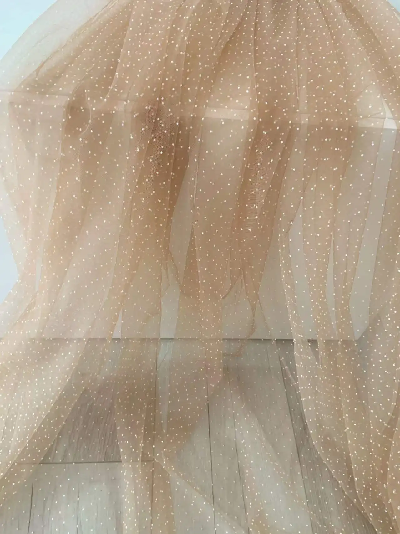 1 Yard Tan Brown Tulle Lace Fabric with White Tiny Polka Dot Gauze for Couture,Curtain,DIY Clothing Accessories