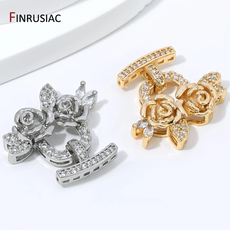 14K Gold Plated Brass Zircon Flower Pearl Clasps,Multi-row Closure Fasteners Lock Clasps For DIY Jewelry Making Accessories - view 6