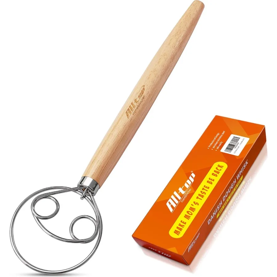 

ALLTOP Danish Dough Whisk - Ultimate Dutch Mixer Hand Utensil with Stainless Steel Dough Hook - Sourdough Stirring Stick for P