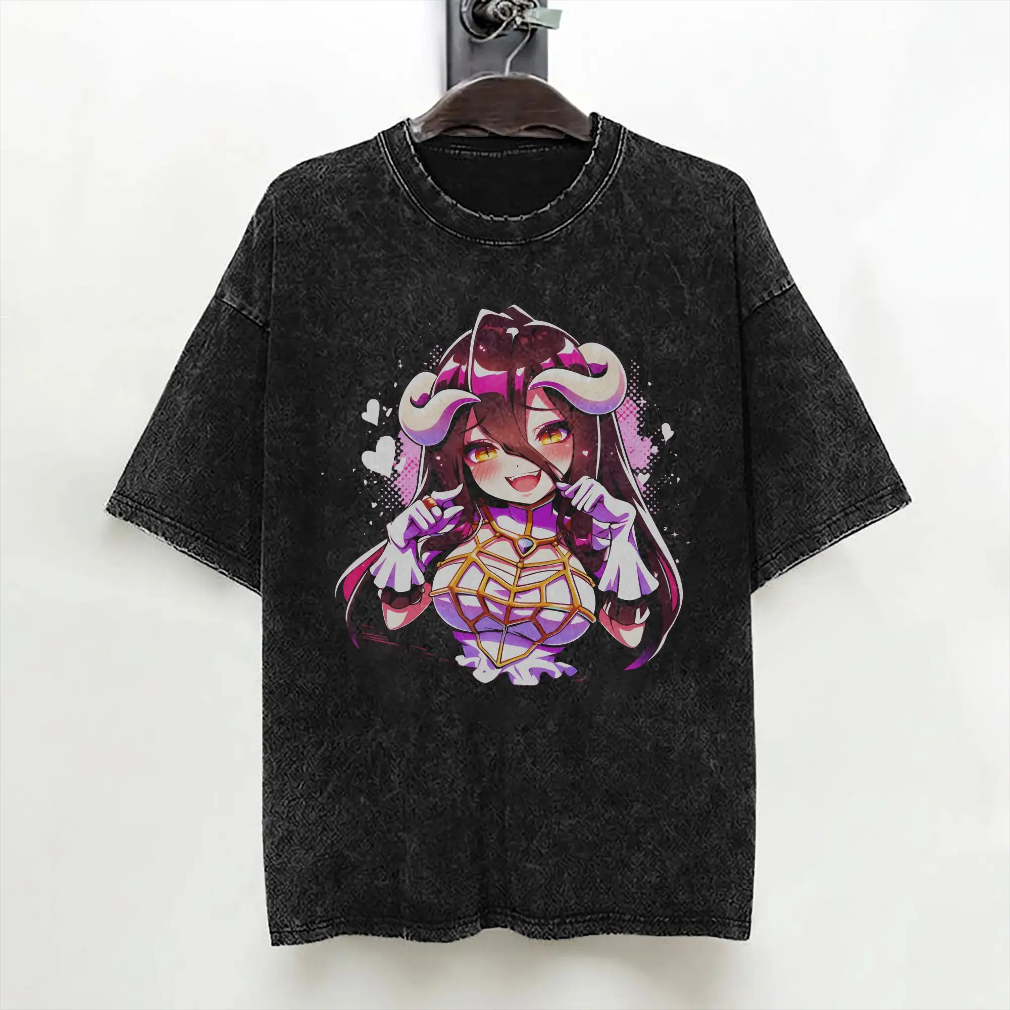 Albedo Japanese Anime T Shirts Washed Short Sleeve High Street T-Shirt  Cool for Men Women Streetwear Printed Tees