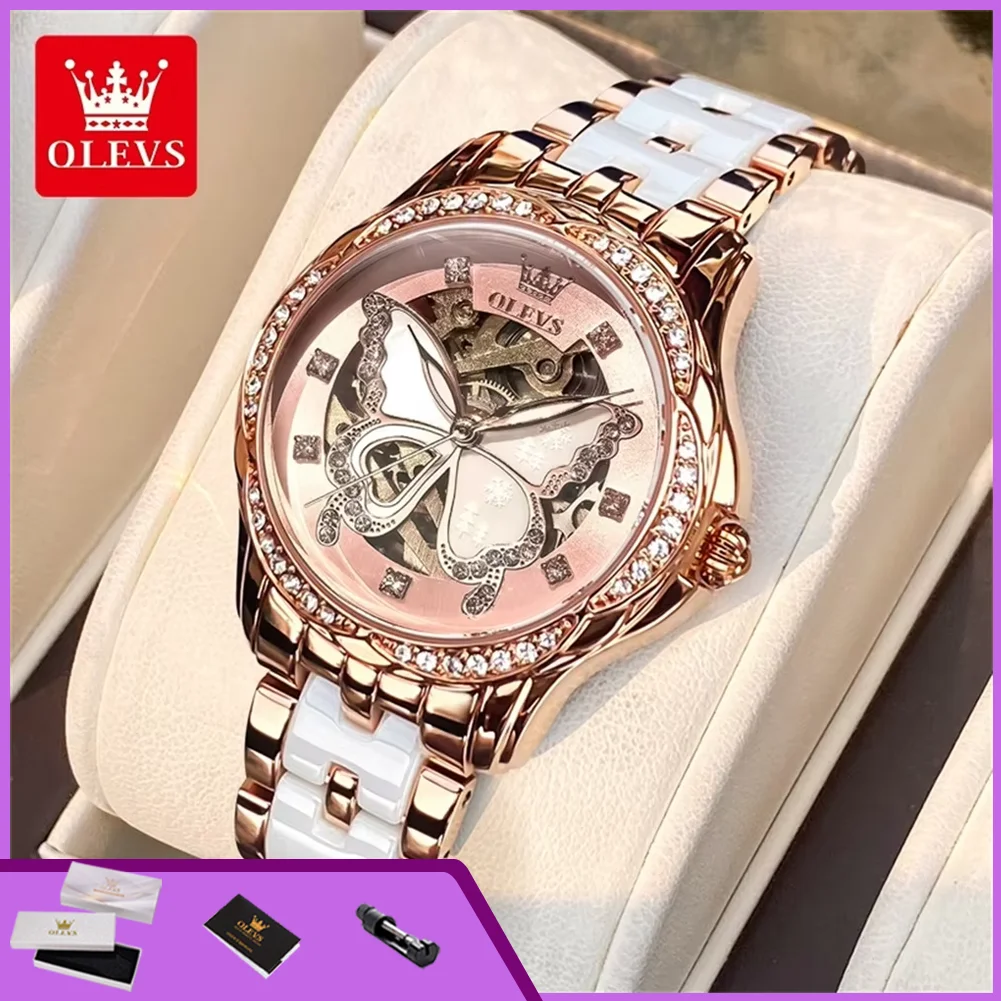 OLEVS 6622 Women's Mechanical Wristwatch Luxury Hollowed Diamond Butterfly Dial Original Automatic Watches Elegant Ladies Watch