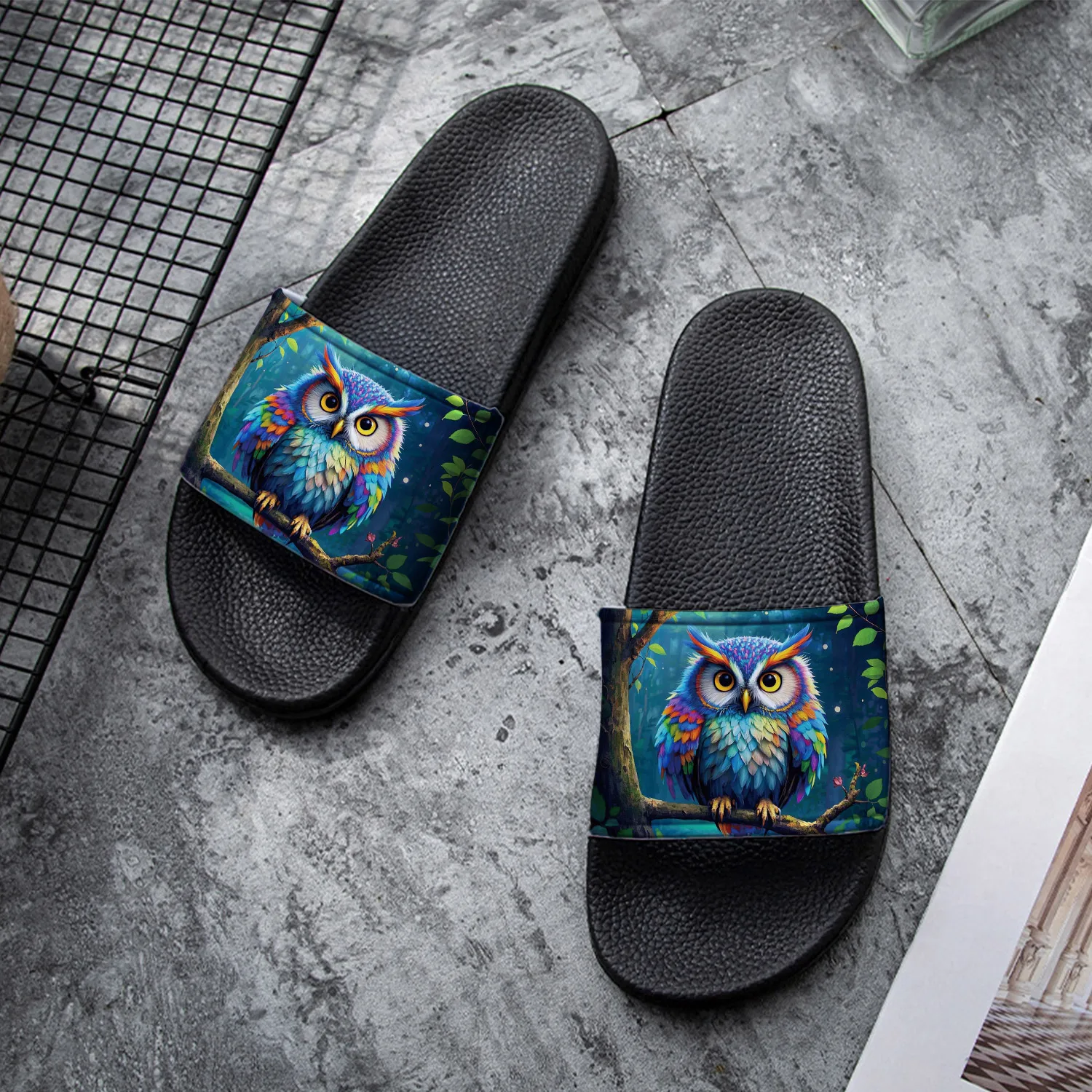 Women's Cute Owl Design PVC Slides - Colorful Animal Pattern, Comfortable Indoor/Outdoor Summer Slippers