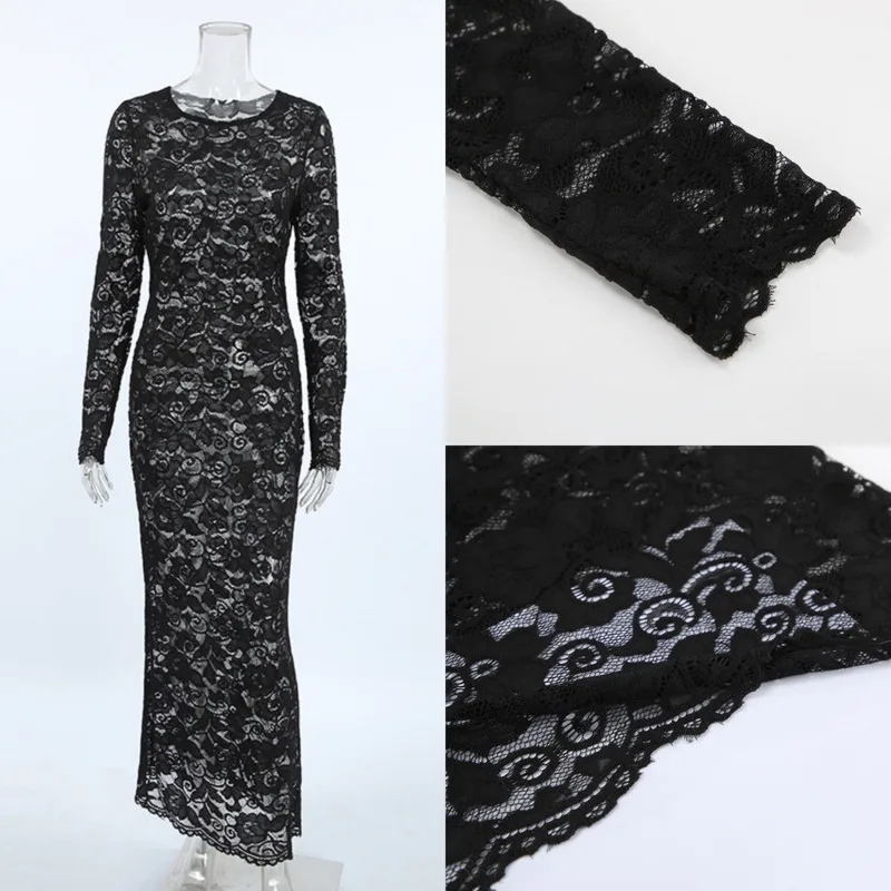 

Sexy See-through Long Sleeve Dress Women Autumn Fashion Trendy Lace Max Dress Elegant Party Dress Popular Cross-border Wholesale