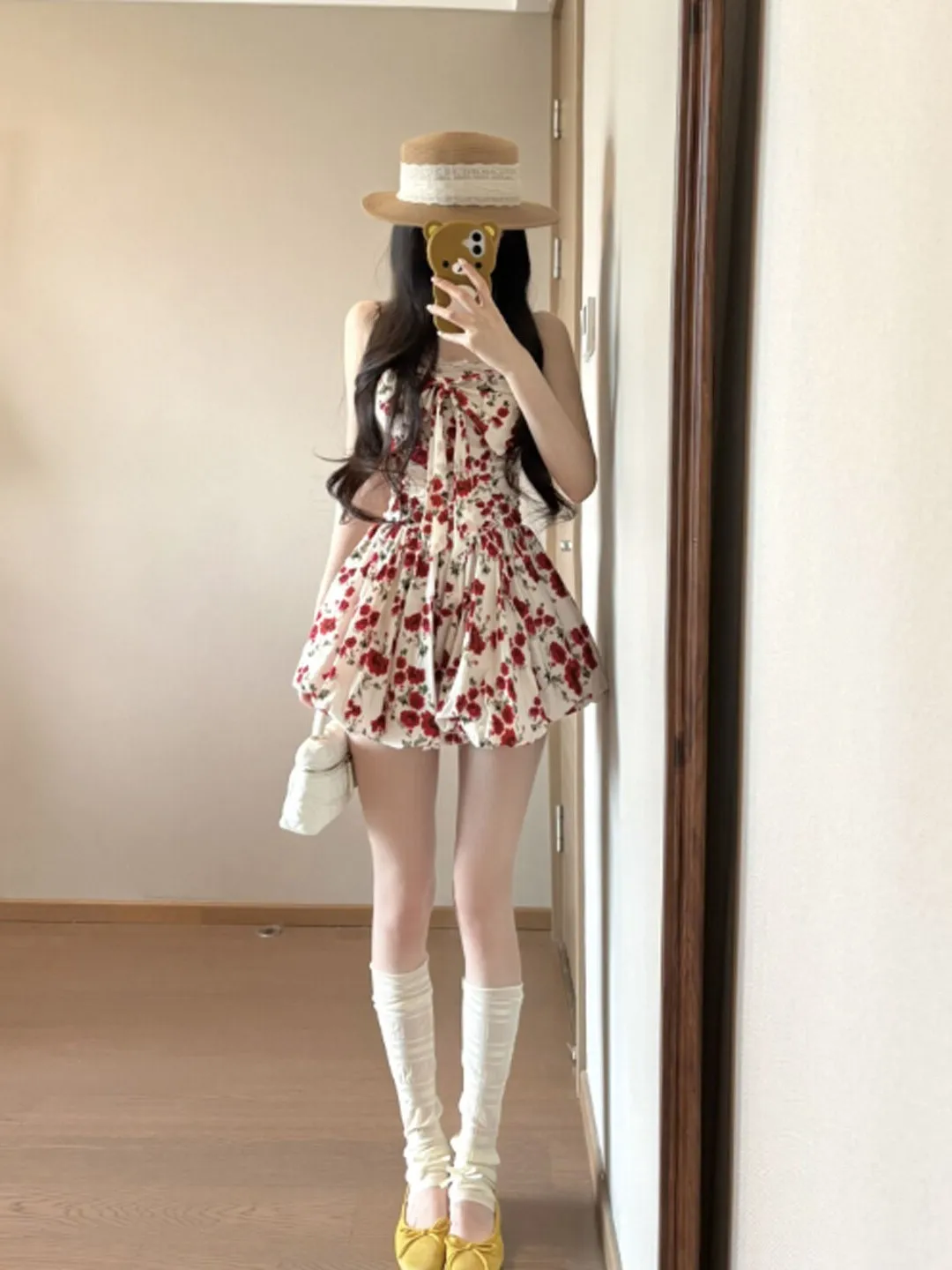 

Retro Unique Slimming Print Short Skirt Dress High Waist Line Elegant Feel Summer Cotton Gentle Style Shoulder Bared Gown
