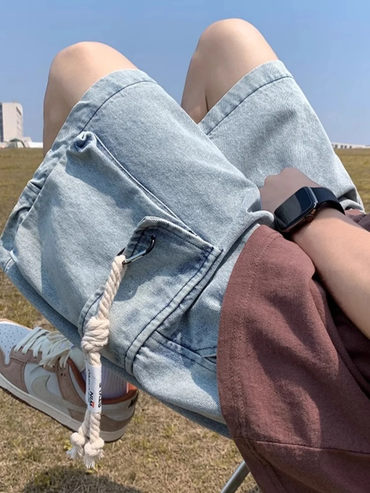 

American Workwear Denim Shorts Women Summer High Waist plus Size Loose Slim Wide Leg Five-Quarter Pants Elastic Waist Midi Pants