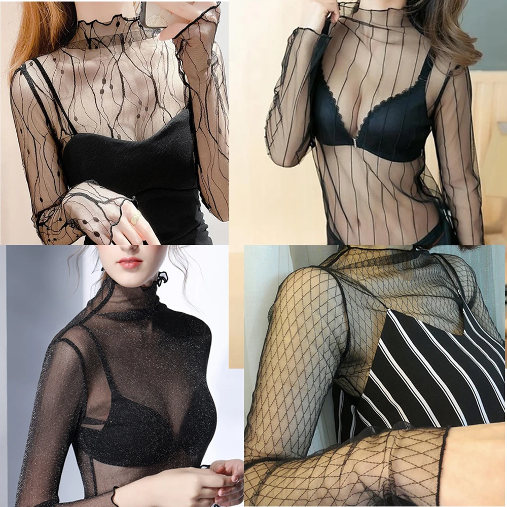 Sexy Mesh Transparent Blouses Tops Sheer Fishnet See Through Long Sleeve Sunscreen Tops Black Silver Bling Party Bottoming Shirt