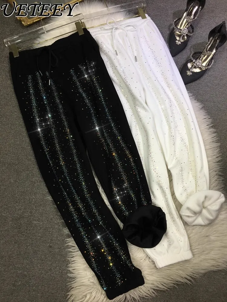 Oversize European Heavy Industry Hot Diamond Loose Sweatpants Women's Velvet Thickened High Waist Thin Sports Pants