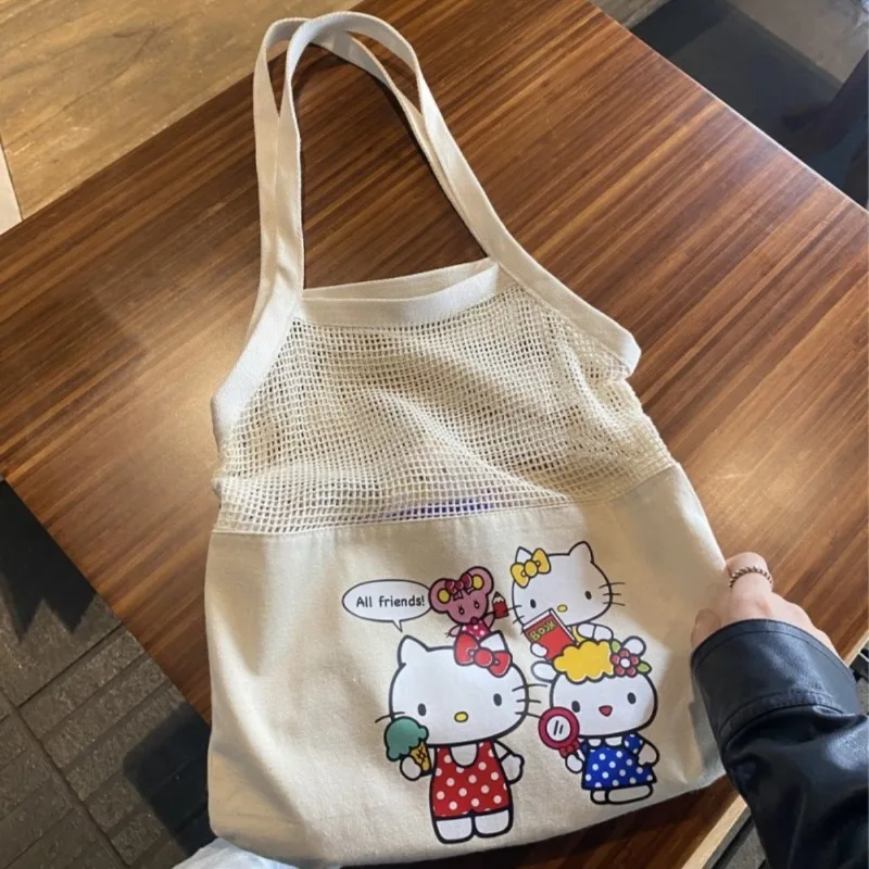 

Hello Kitty Canvas Bag Summer Vacation Net Bag Cute Large Capacity Woven Bag Girls Travel Crossbody Backpack