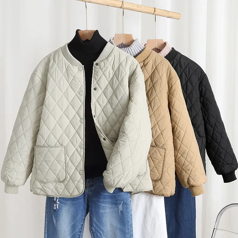 Tops 2024 Autumn and Winter Padded Jacket Women Loose Diamond Plaid Ladies Short Cotton Coat Lightweight Hot Sale