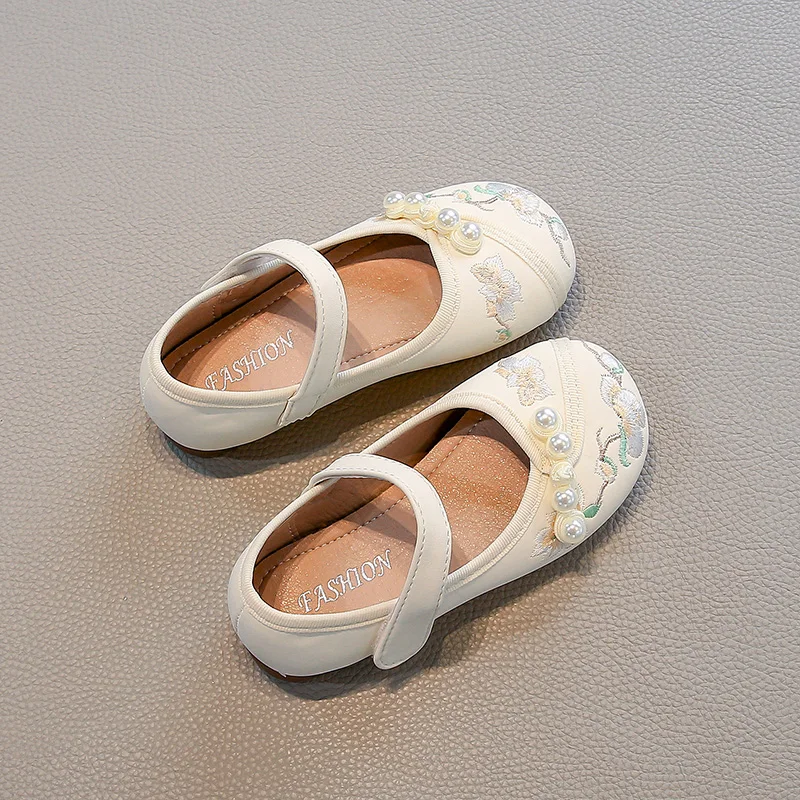 Girls Embroidery Mary Jane Flats, Faux Pearl Knot Decor Hook‑and‑Loop Strap Soft‑Sole Vintage Princess Dress Shoes