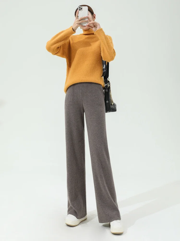 Women 100% Wool Full Needle Rib Knit Loose Pants Thick All-match Wide Leg Pants Soft Merino Wool Autumn Winter Long Trousers