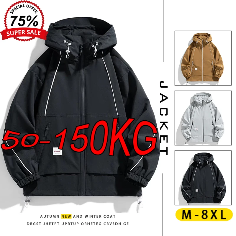 M-8xL Men's Tooling Plus Size Jackets Autumn Winter Hooded Outdoor Sports Tops Oversized Fashion Trend Outdoor Coat Men Clothing