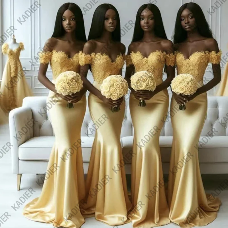 

Long Mermaid Yellow Afrcian Bridesmaid Dresses for Black Girls robe demoiselle d’honneur de mariage