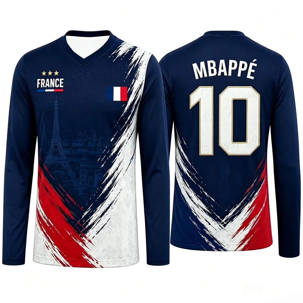 2026 France Special Edition Number 10 Soccer V-neck T-shirt Breathable & Quick Dry Outdoor Sports Long Sleeve Couple Tops Unisex