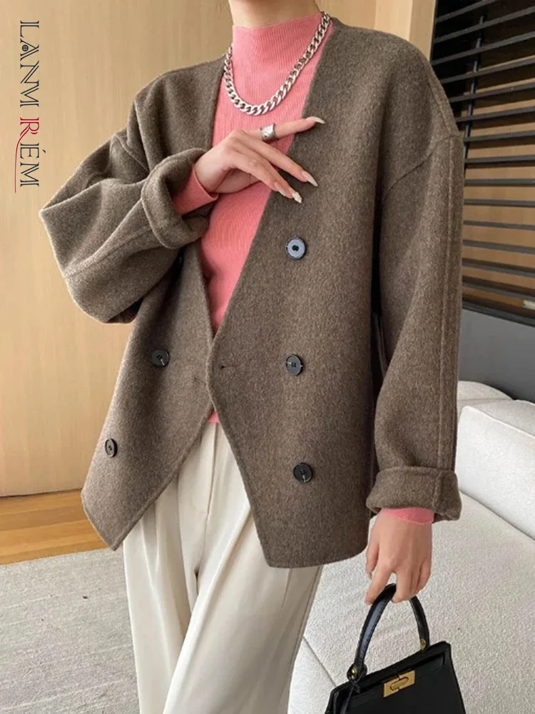 

[LANMREM] Fashion Warm Woolen Coat For Women V Neck Double Breasted Office Lady Loose Jackets Female 2024 Winter New 26C608