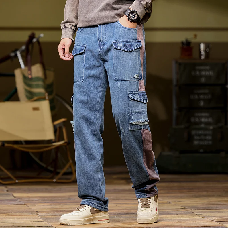 Outdoor stylish pocket men's jeans men's wide-leg work jeans Straight loose high street floor trousers men's clothing
