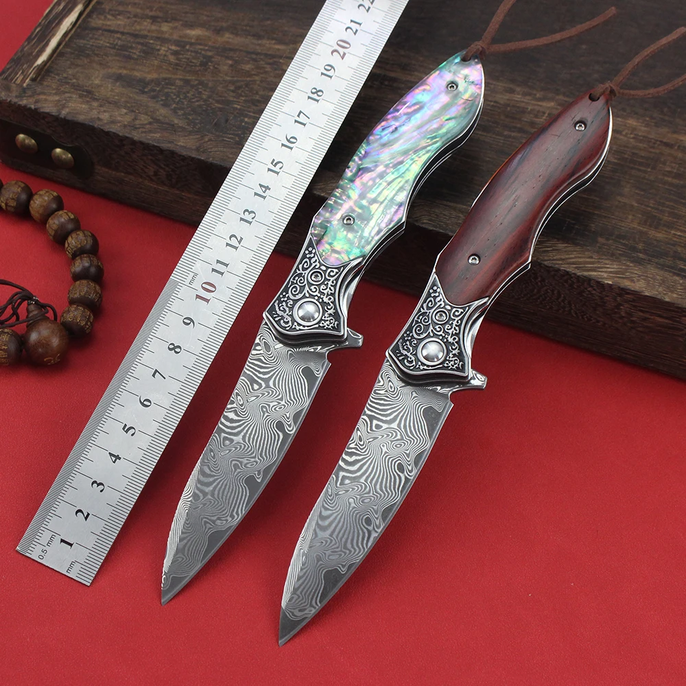 VG10 Damascus Steel Folding Pocket Knife Wood Handle Multipurpose Outdoor Camping Tourist Kitchen Fruit Knives EDC Hand Tools