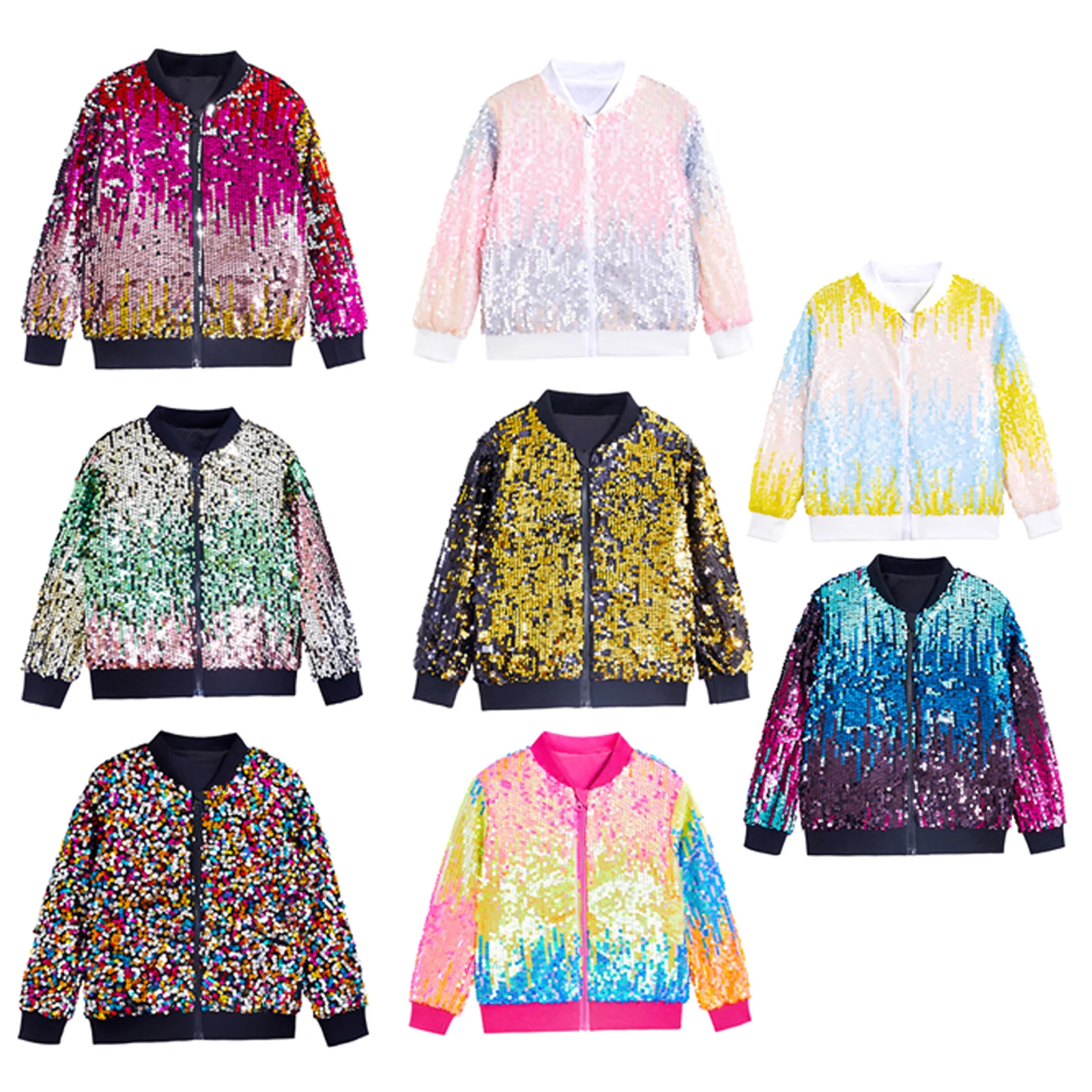 Kids Girls Shiny Sequins Hip-pop Jazz Dance Bomber Jacket Metallic Gradient Baseball Coat Outerwear Modern Rave Party Costume