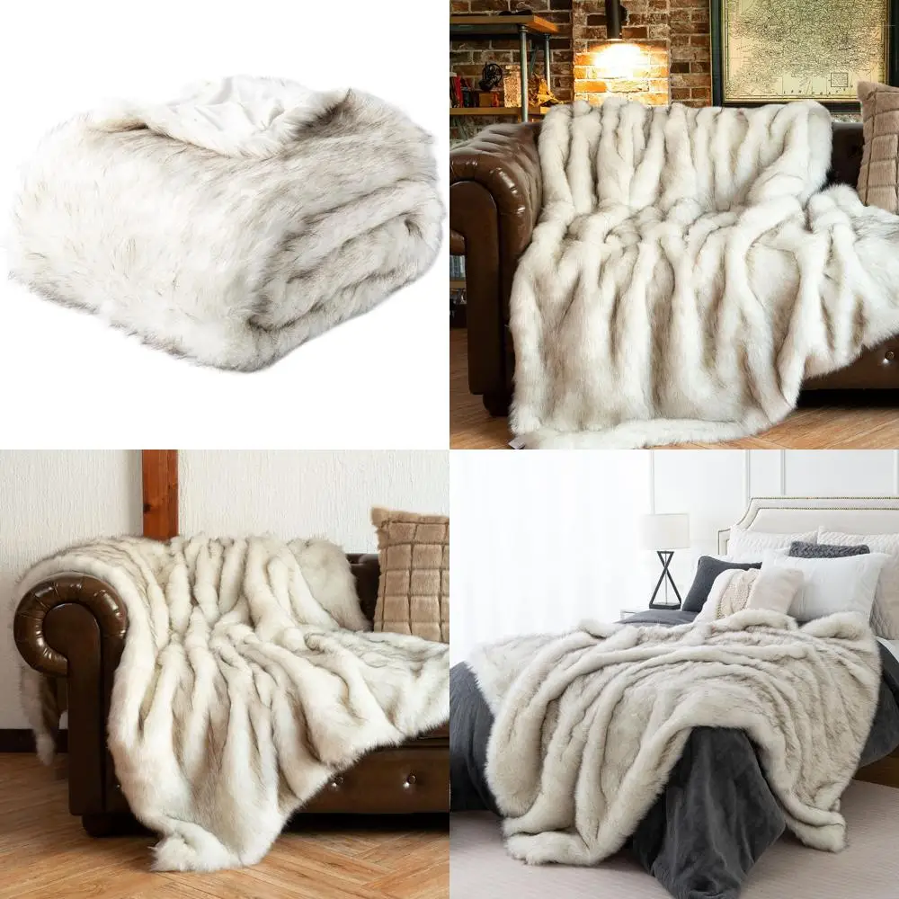 

Elegant Black-Tipped White Plush Faux Fur Blanket, 51x67, Luxurious Thick Cozy Throw for Home