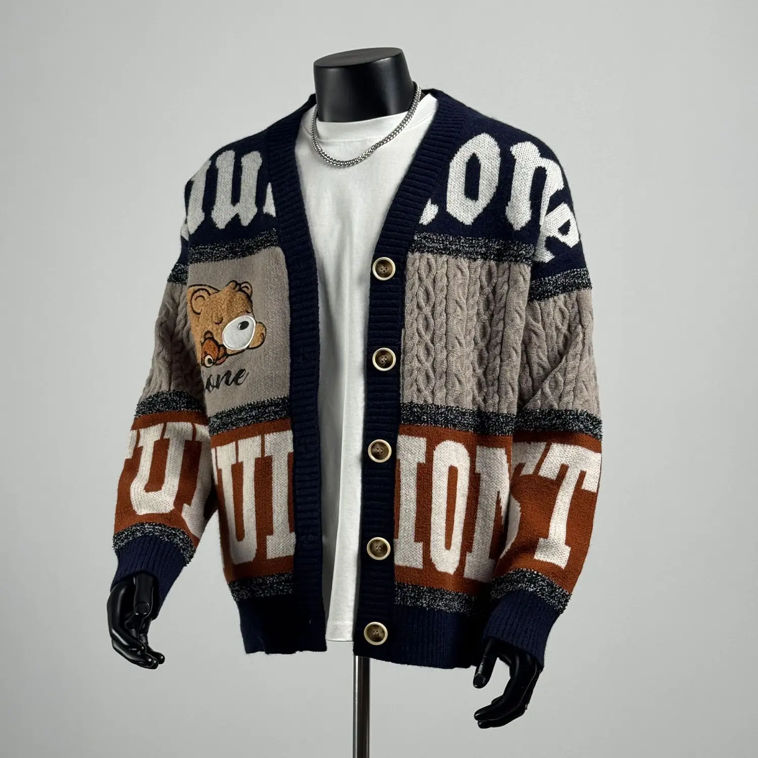 American Style Casual Bear Embroidered Knitted Cardigan Coat Unisex Couple Original Korean Color Block V-neck Sweater