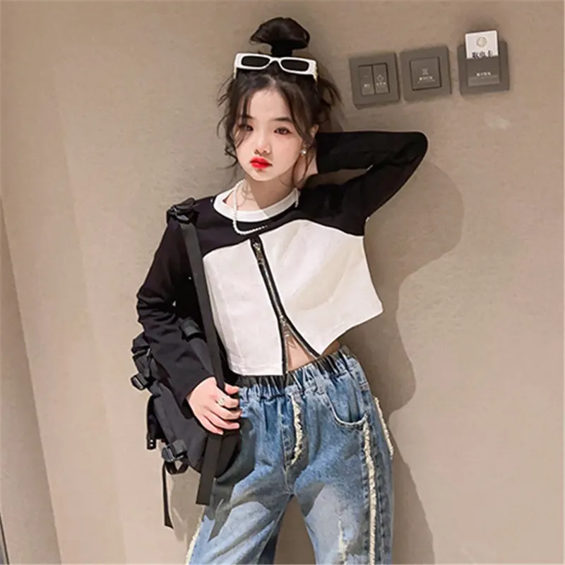 Girls Zipper Tops 8 10 12 14Years Fashion Short T-Shirt Long Sleeve High Waist Tees Kids Color Patchwork Clothes Spring Hot Sale