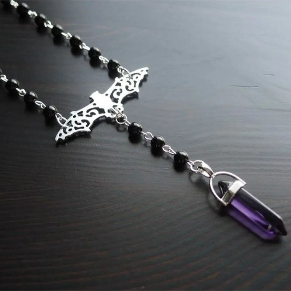 Gothic Stainless Steel Bat Purple Crystal Column Tassel Pendant Bead Chain Long Necklace for Women Men Halloween Party Jewelry