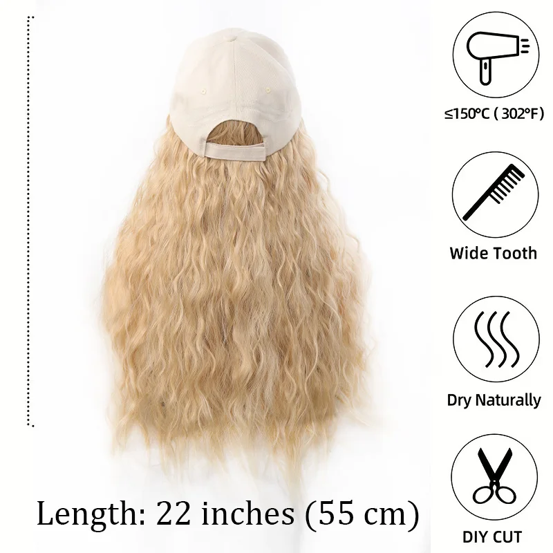 Women's Sports Style Baseball Cap Wig, Water Wave Curly Short Bob Hairstyle, High Temperature Fiber Synthetic Hair, Adjustable,