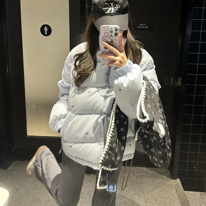 

Thiened Cotton Jaet Women's Winter Coat Knot Striped Design Warm Bread Sle Outerwear Long Sve High Collar