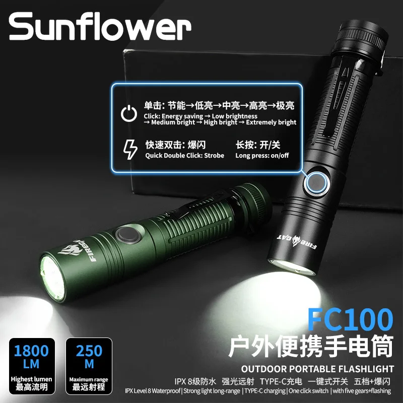 FC100 1800lumen High Bright Power LED Flashlights Fifth Gear Adjust Outdoor Camping Fishing USD Rechargeable Emergency Lantern