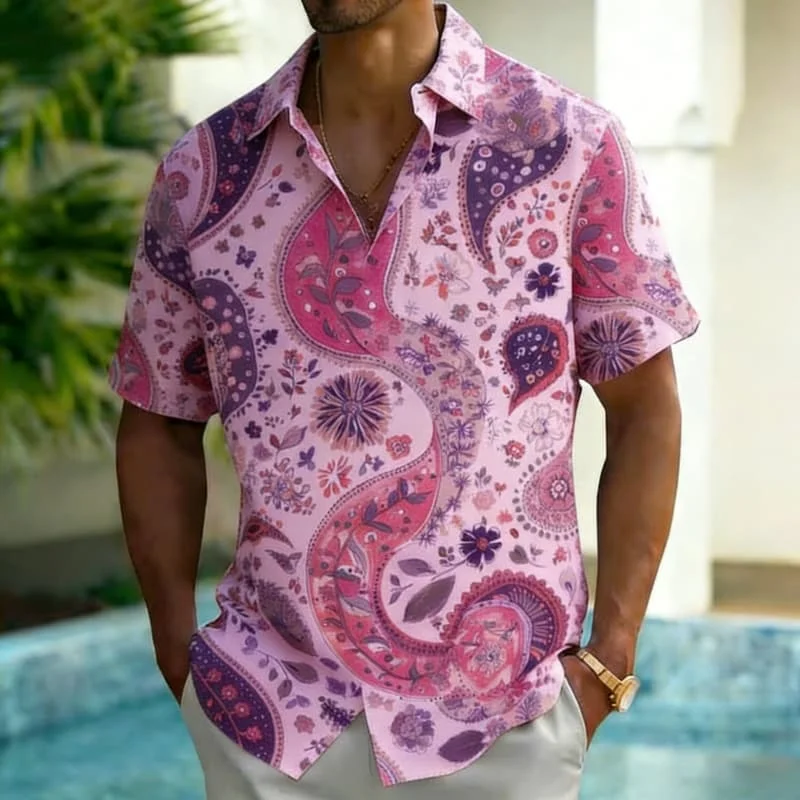 Men's Fashion Paisley Print Short Sleeve Button Down Shirt Trendy Summer Style For Vacation Party Gathering Daily Commute