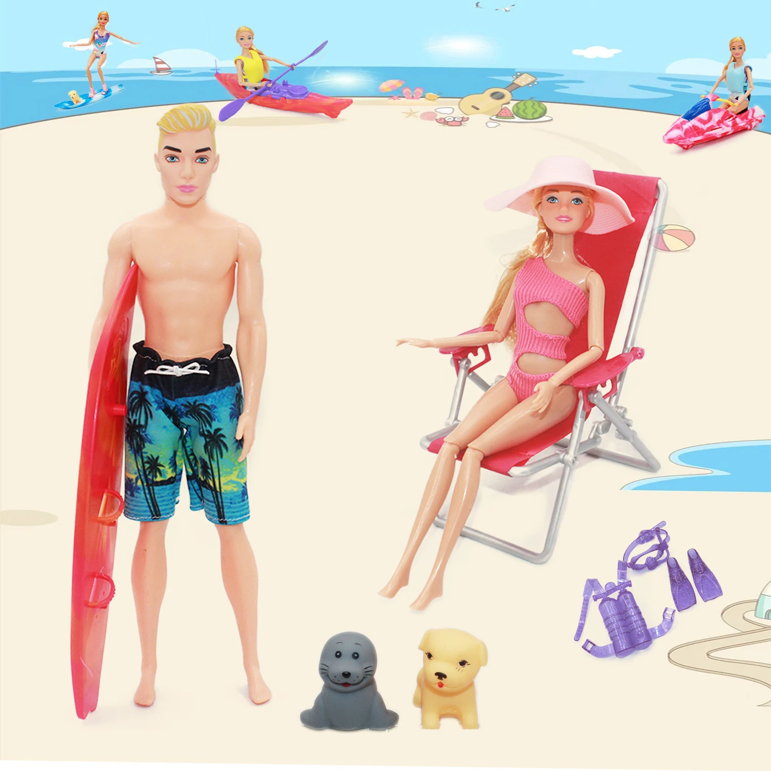 

10PCS 30cm Doll Summer Beach Surfing Set Swimsuit Swimsuit Lifesaving Diving kayak surfboard Motorboat beach chair