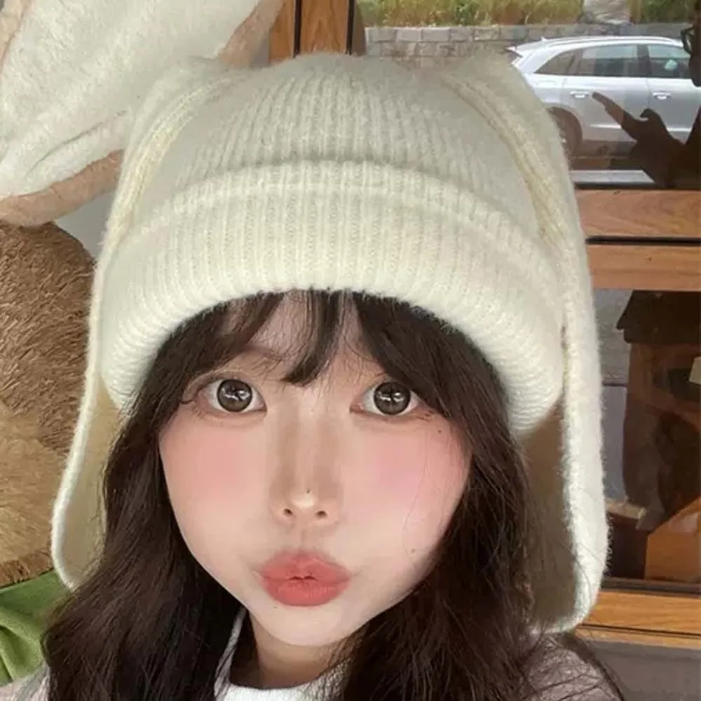 

Personality Elastic Bunny Pullover Cap Korean Style Trendy Solid Color Knitted Hat All-match Dome Brimless Beanie Hat Women