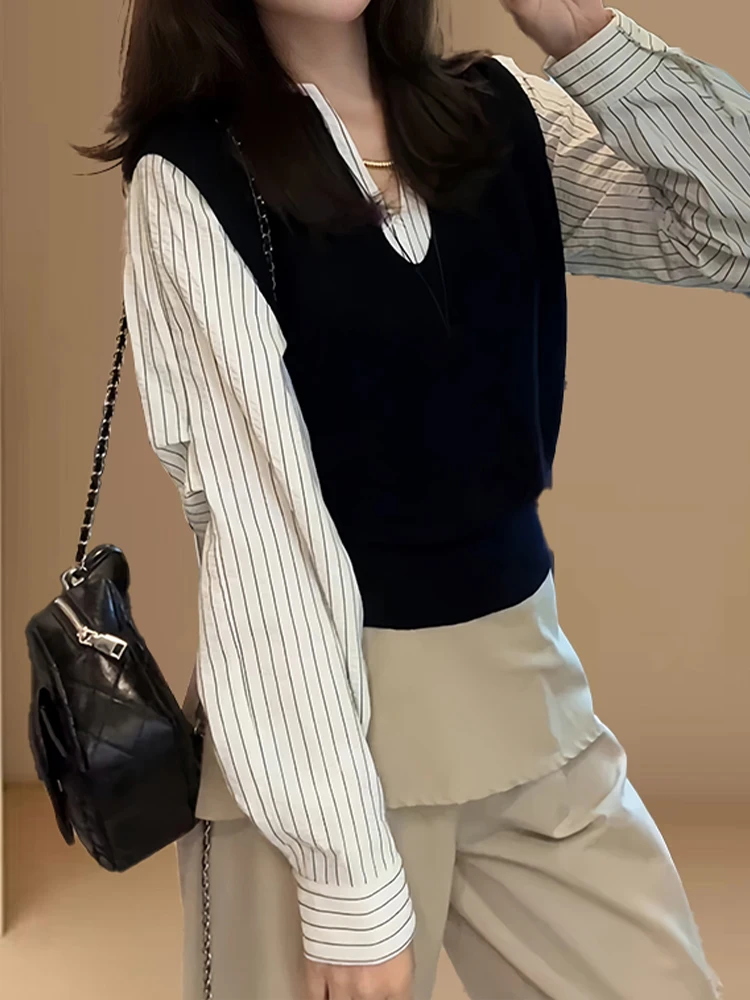 Casual sle longo sve malha irt feminino faion artístico listrado topo vintage outono nova chegada versátil irt