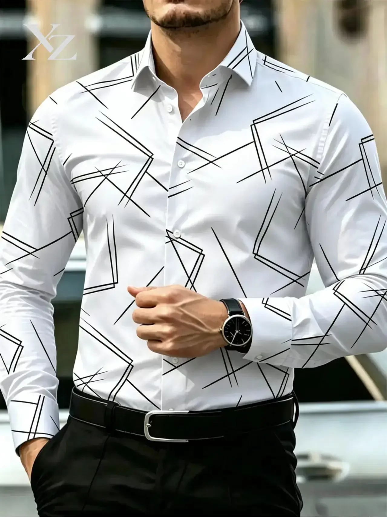 Hot Sale Men's Geometric Line Printed Long Sleeved Shirt – Comfortable Versatile Casual Business Top XS-6XL