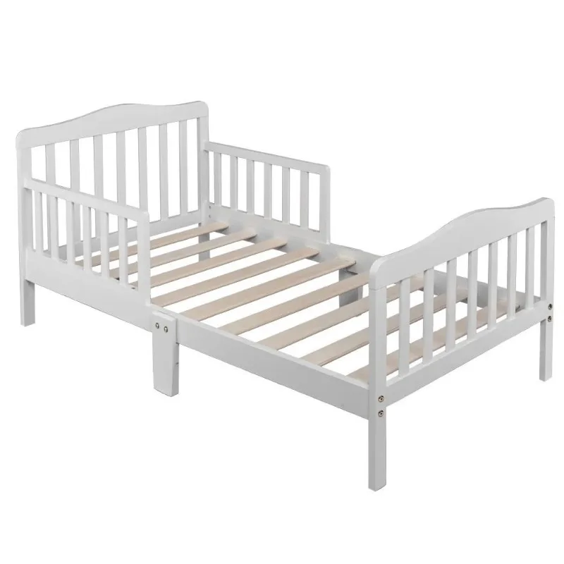 

Toddler Bed, Wood Kids Bedframe Children Classic Sleeping Bedroom Furniture w/Safety Rail Fence