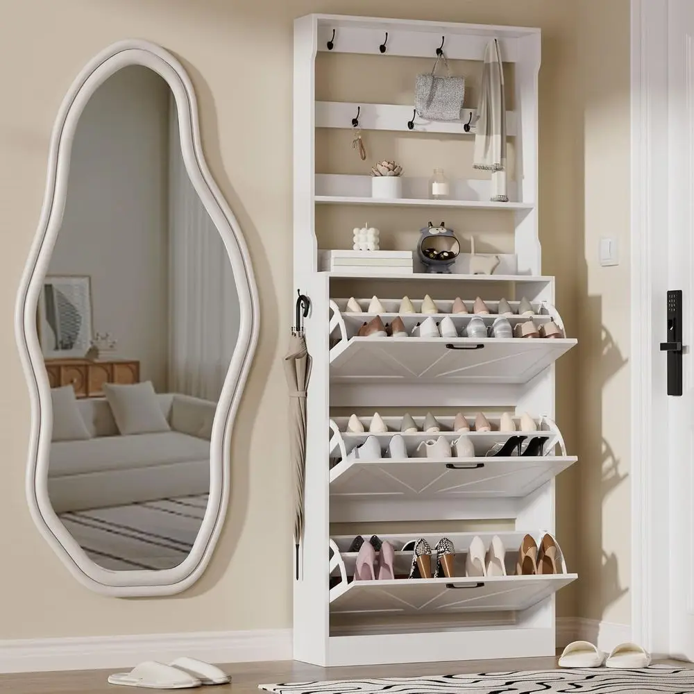 Armário de armazenamento de sapatos que economiza espaço com cabide e 3 prateleiras, branco