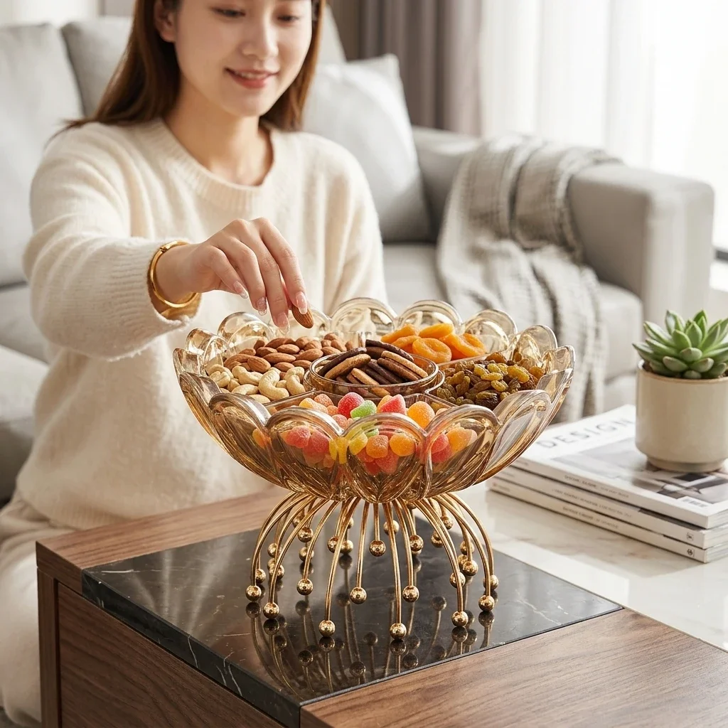 Decorative Fruit Bowl Elegant for Living Room Coffee Table Metal Tempered Glass Pedestal Snack Nut Tray Home Centerpiece