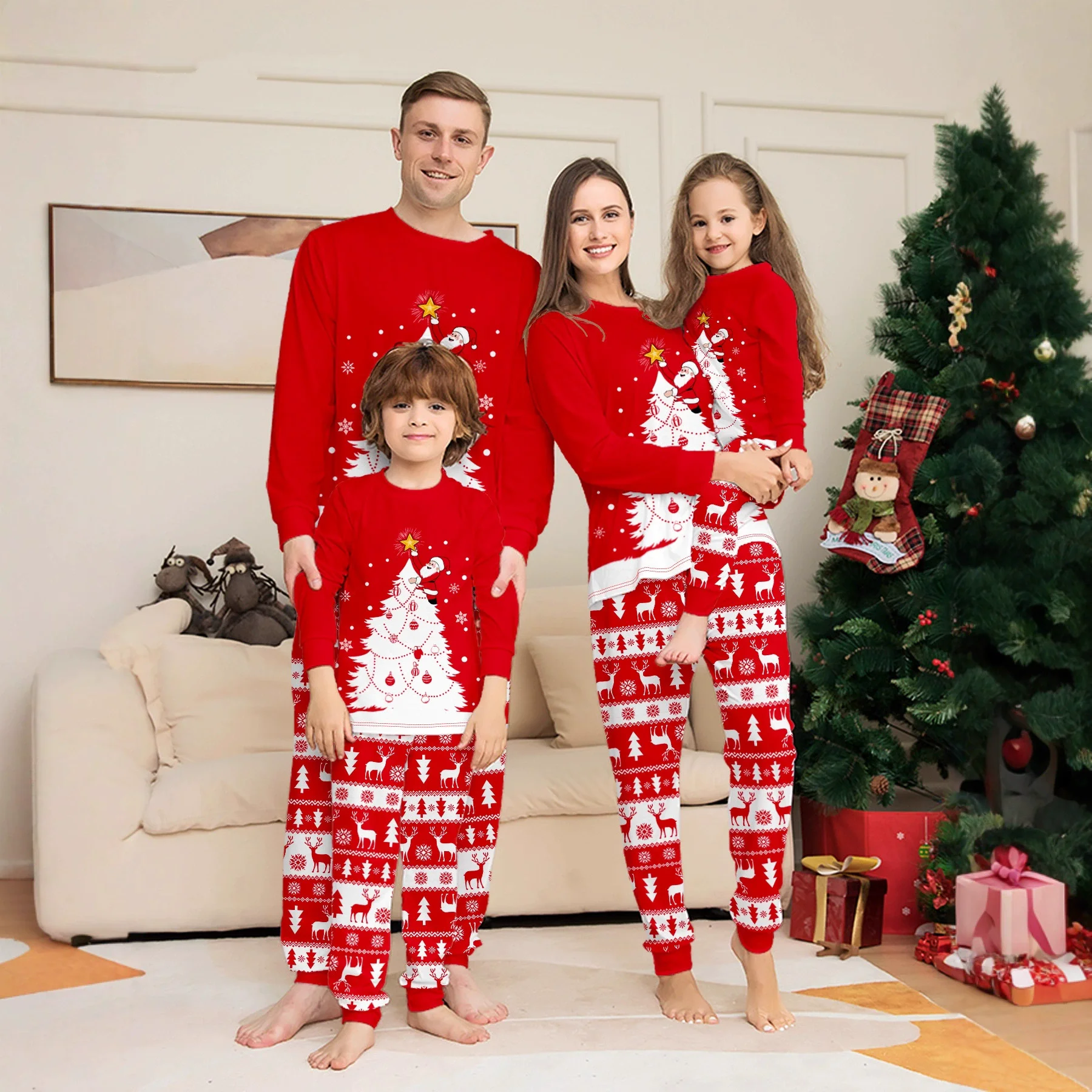 

2025 Christmas Family Matching Pajamas Adult Kid Baby Outfits Deer Stars Tree Tops+Pants 2PCS Xmas Sleepwear Pyjamas Dog Clothes