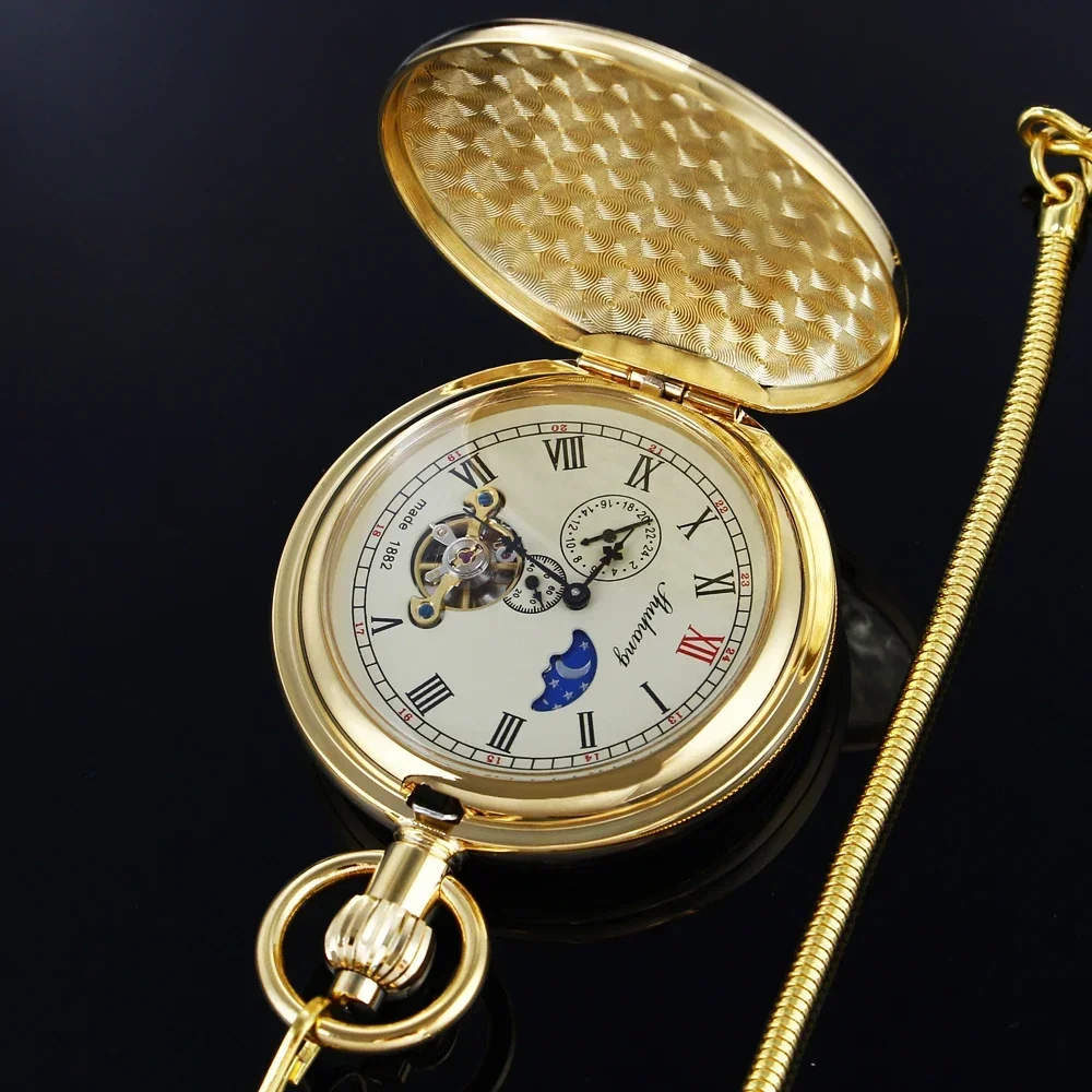 Golden Copper Mechanical Self-Wind Men's Pocket Watch Antique Gift Moon phase Roman Numerals Dial Fob Chain Pendant Timepiece