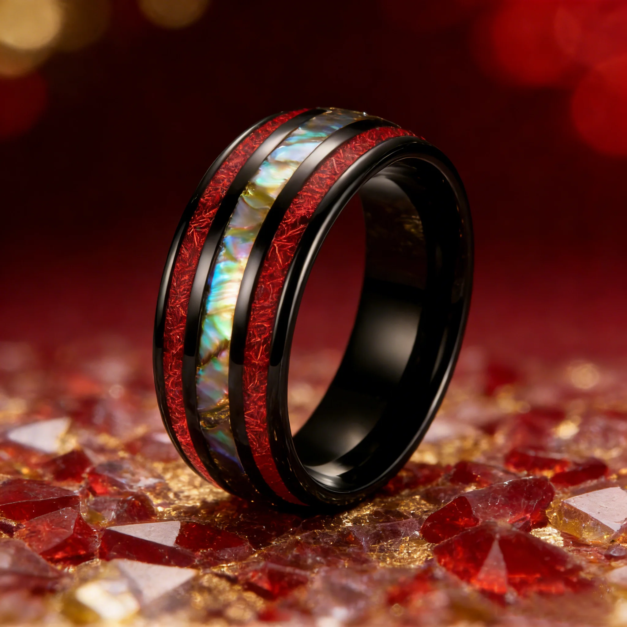 Fashion Colorful Abalone Shell and Red Meteorite Inlay Rings, 8mm Black Stainless Steel Rings for Men, Men Wedding Party Jewelry