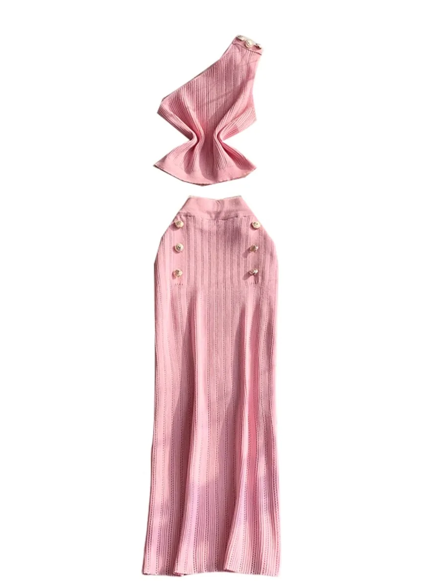 Foamlina Celebrity Chic Schräger Kragen Ärmelloses Strickset Damen Hohloberteil Zweireihiger Schlanker Rock Zweiteiliger Strickanzug